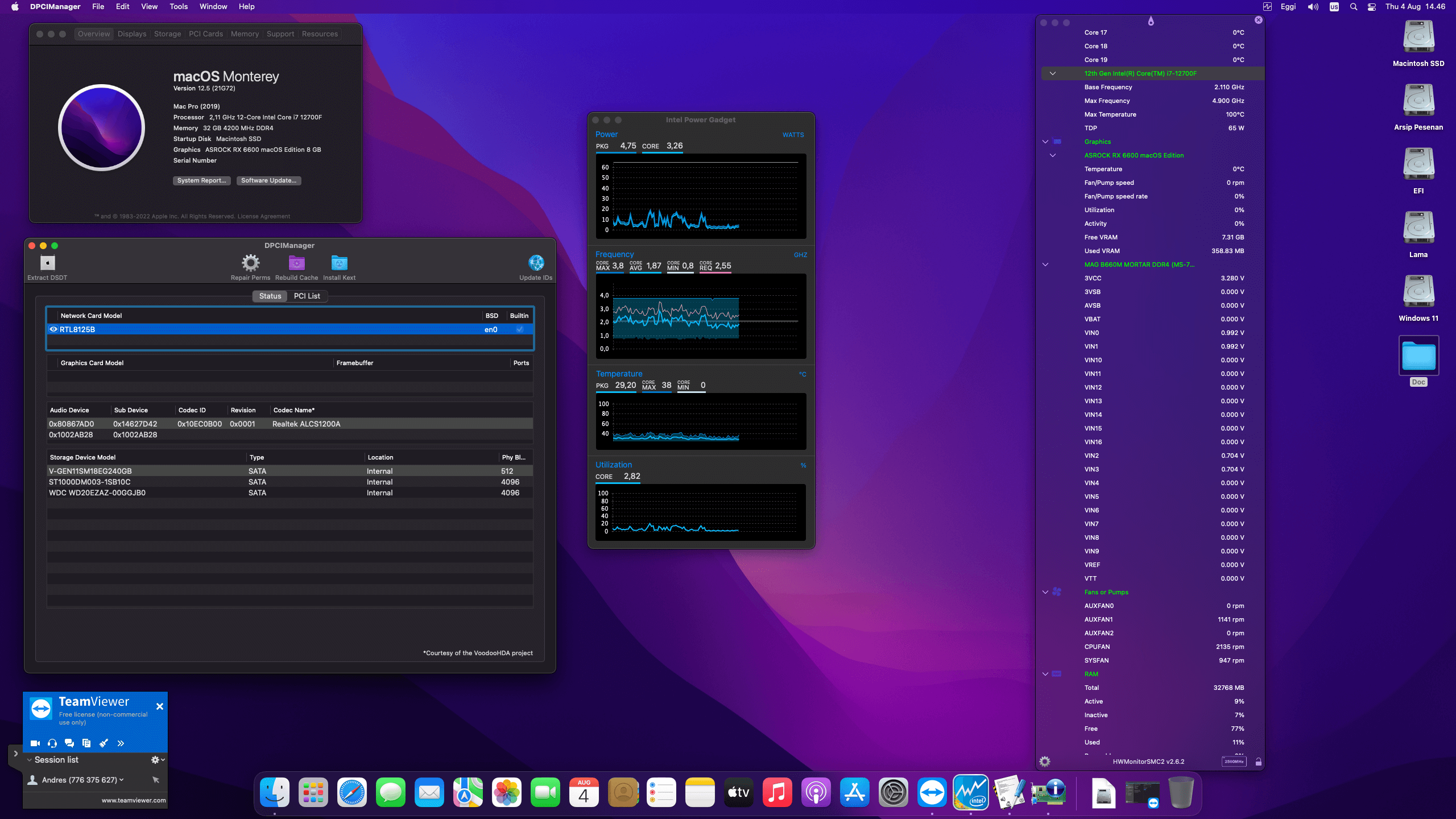 Success Hackintosh macOS Monterey 12.5 Build 21G72 in MSI MAG B660M Mortar DDR4 + Intel Core i7 12700F + Asrock RX 6600